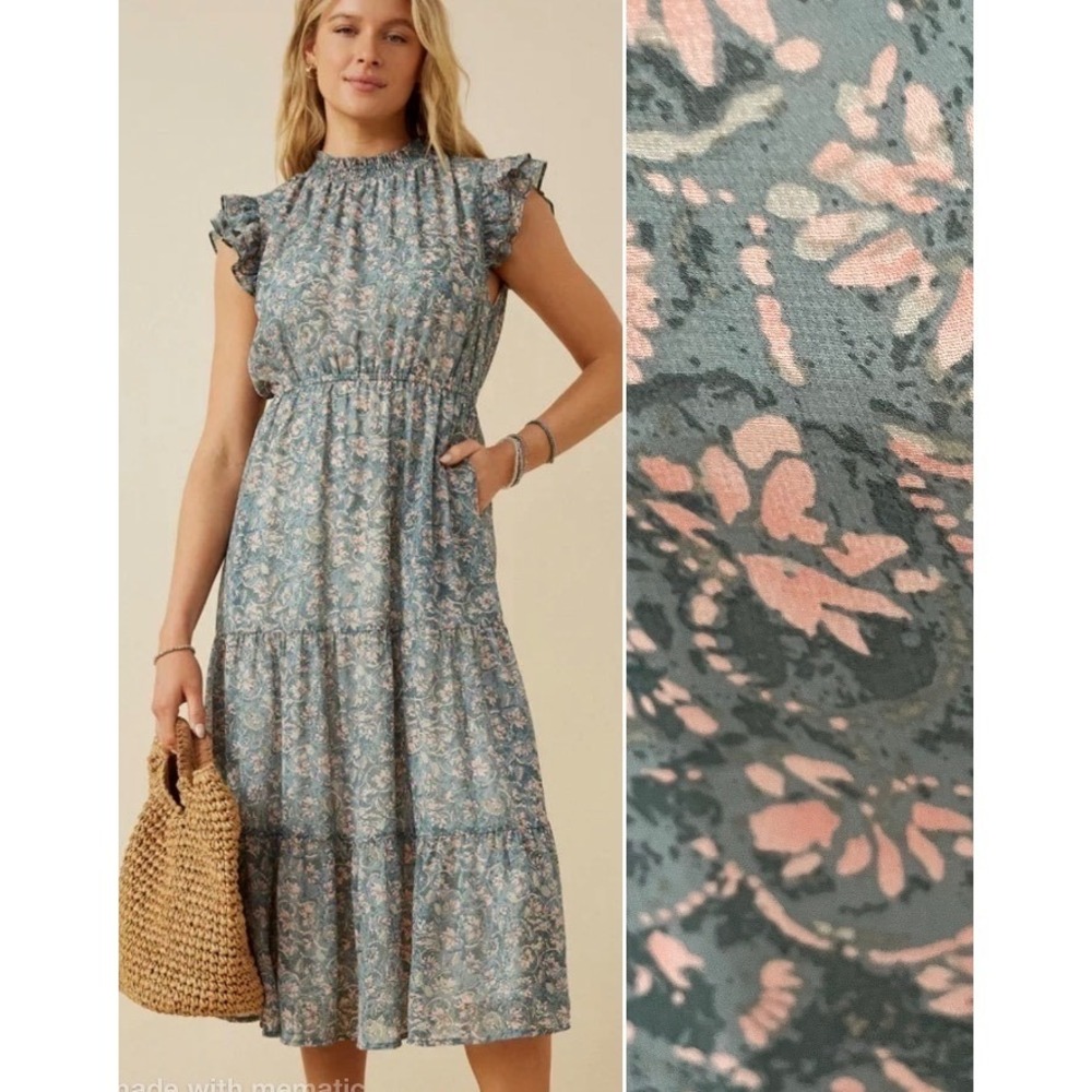 Baltic Born Azia Ruffle Sleeve Tiered Midi Dress Blue Pink Floral XL NWT